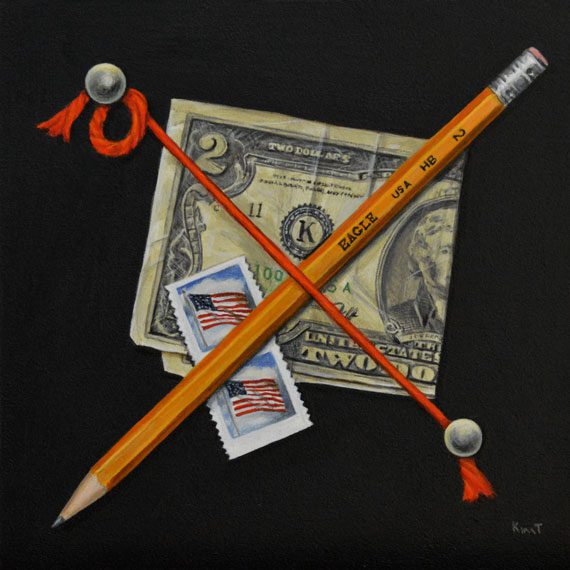 Acrylic Trompe L'Oeil painting money , pencil and stamps Acrylic Trompe L'Oeil painting of money , pencil and stamps