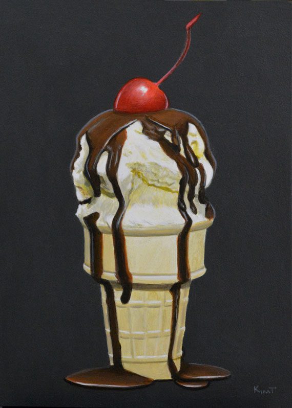 Behind the Scenes Photos of Ice Cream Cone with Chocolate and a Cherry Acrylic Daily Painting
