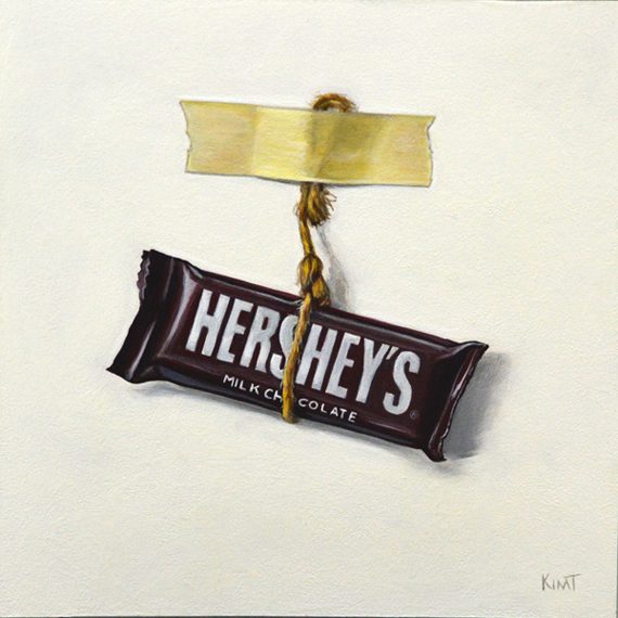 small trompe l'oeil acrylic painting of hershey's chocolate bar hanging from a piece of twine small trompe l'oeil acrylic painting of hershey's chocolate bar hanging from a piece of twine