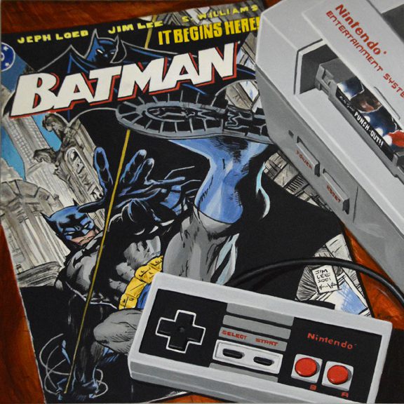 Painting of Vintage Batman Comic and Nintendo Entertainment System