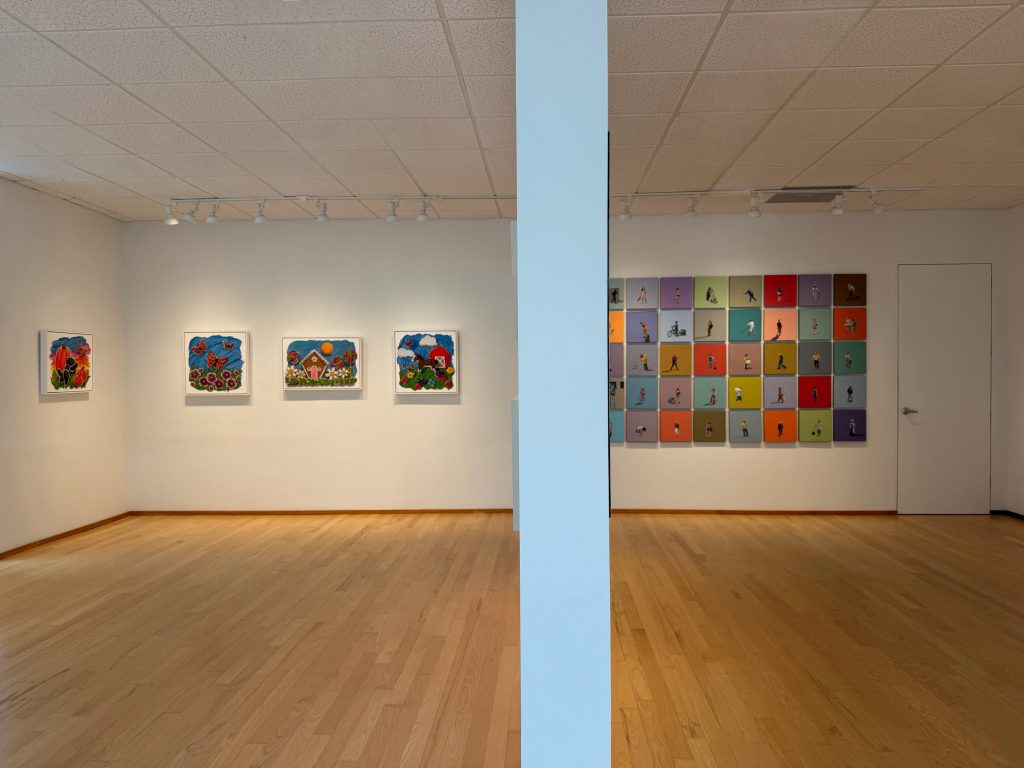 Left, recent trompe l'oeil paintings by Kim Testone. Right, paintings by Scott Duce. Part of the March exhibition at Hidell Brooks Gallery in Charlotte, North Carolina. 