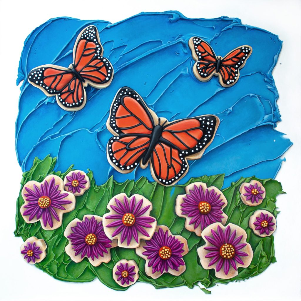 Butterflies in the Sky, acrylic on panel, 24" x 24", by Kim Testone.