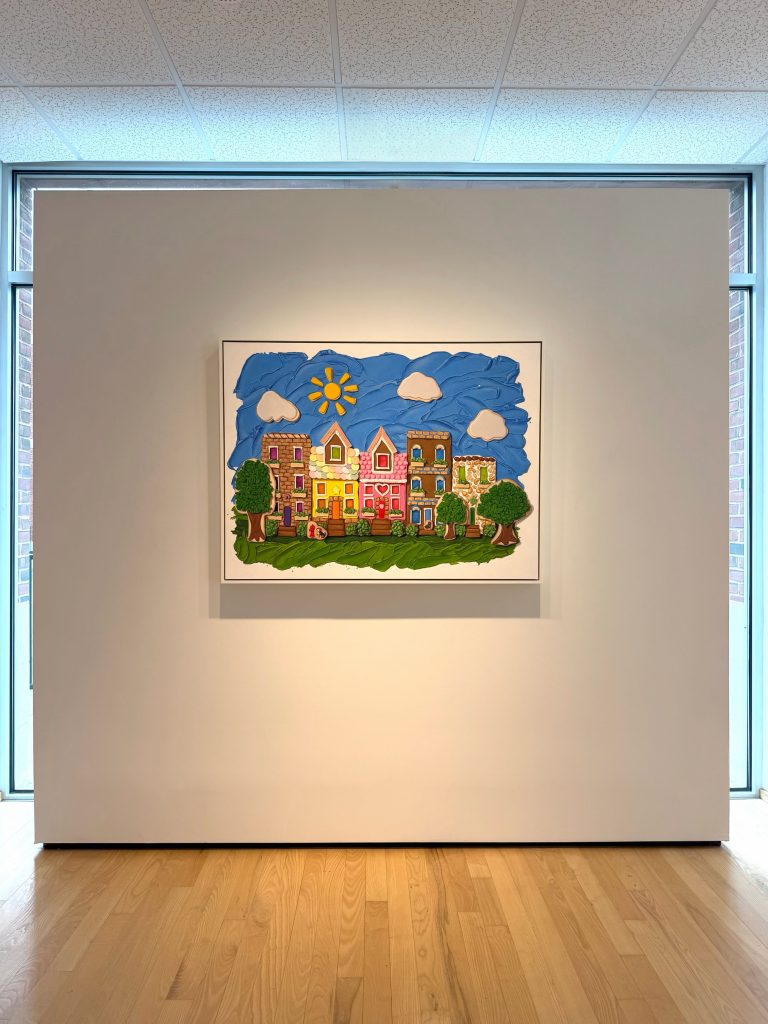 Beautiful Day in the Neighborhood, 36"x48", a new whimsical trompe l'oeil painting by acrylic realism painter Kim Testone. Part of the March exhibition at Hidell Brooks Gallery in Charlotte, North Carolina.