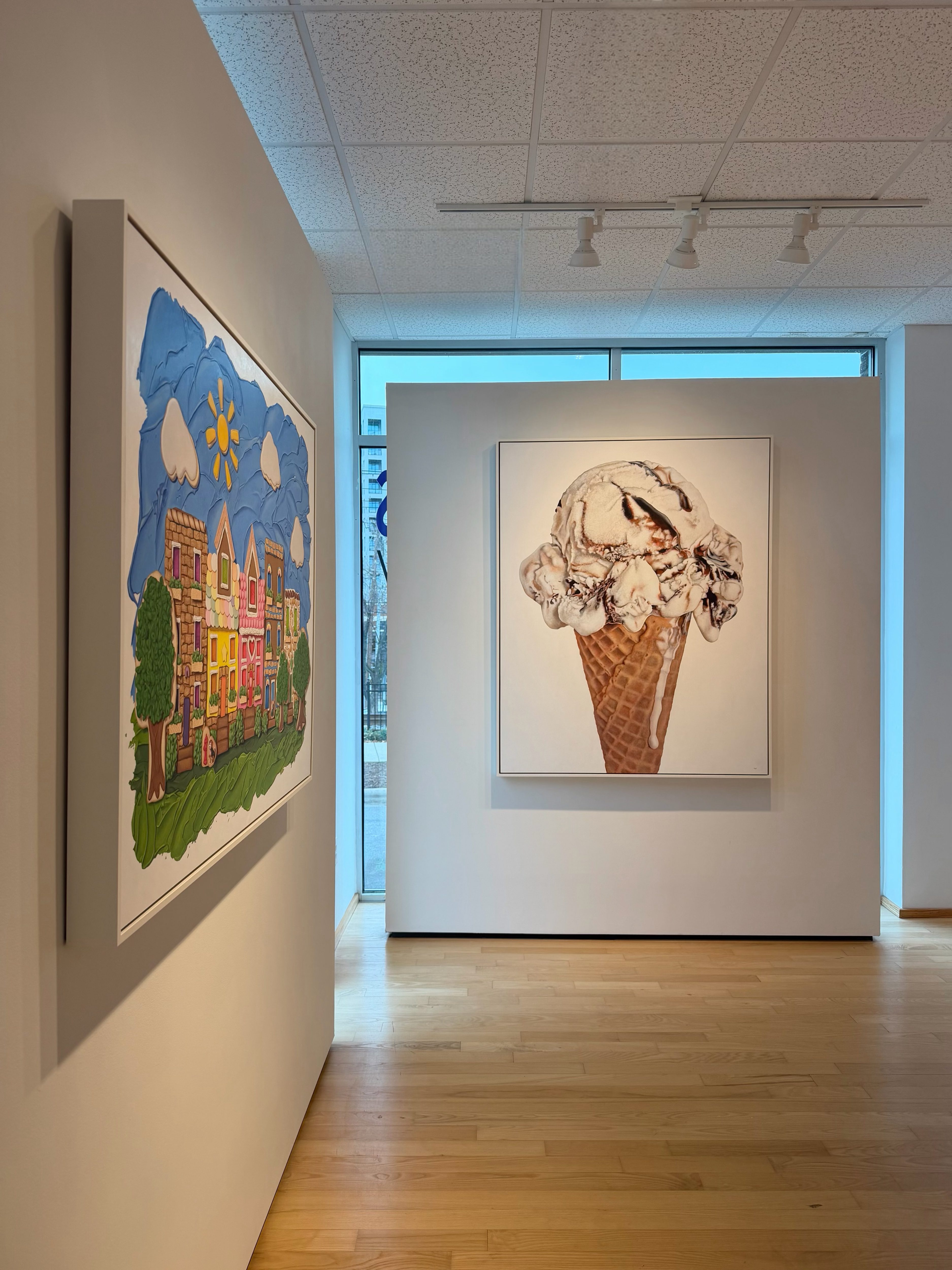 Giant Fudge Ripple and Beautiful Day in the Neighborhood. Paintings by Kim Testone. March exhibition at Hidell Brooks Gallery in Charlotte, North Carolina.