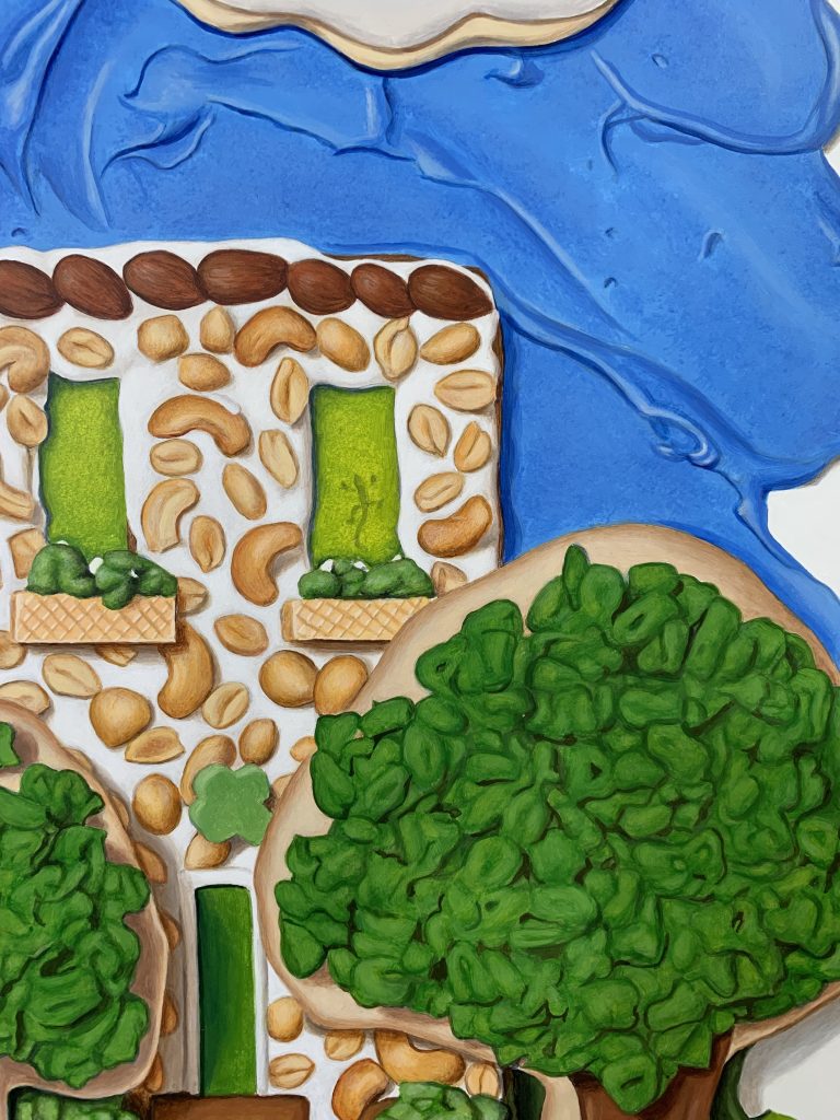 The green on the trees, which featured Lucky Charms cereal in the model, were incredibly difficult to paint and required eight glazed layers of paint.