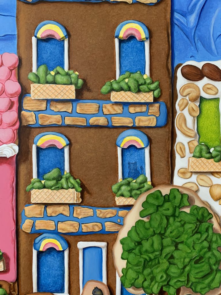 Beautiful Day in the Neighborhood, detail of building four, showcases the paint layers that made the building look like real gingerbread when the light hits it.