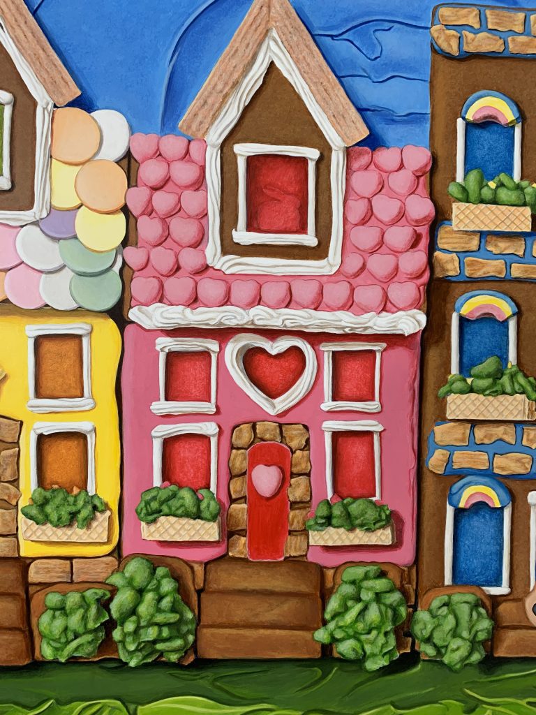 Beautiful Day in the Neighborhood, detail of the center house, which I refer to as the "heart" house. The gingerbread model used the heart marshmallows for the roof, wafer cookies for the roof on the dormer window, and featured a little bunny in the dormer window.
