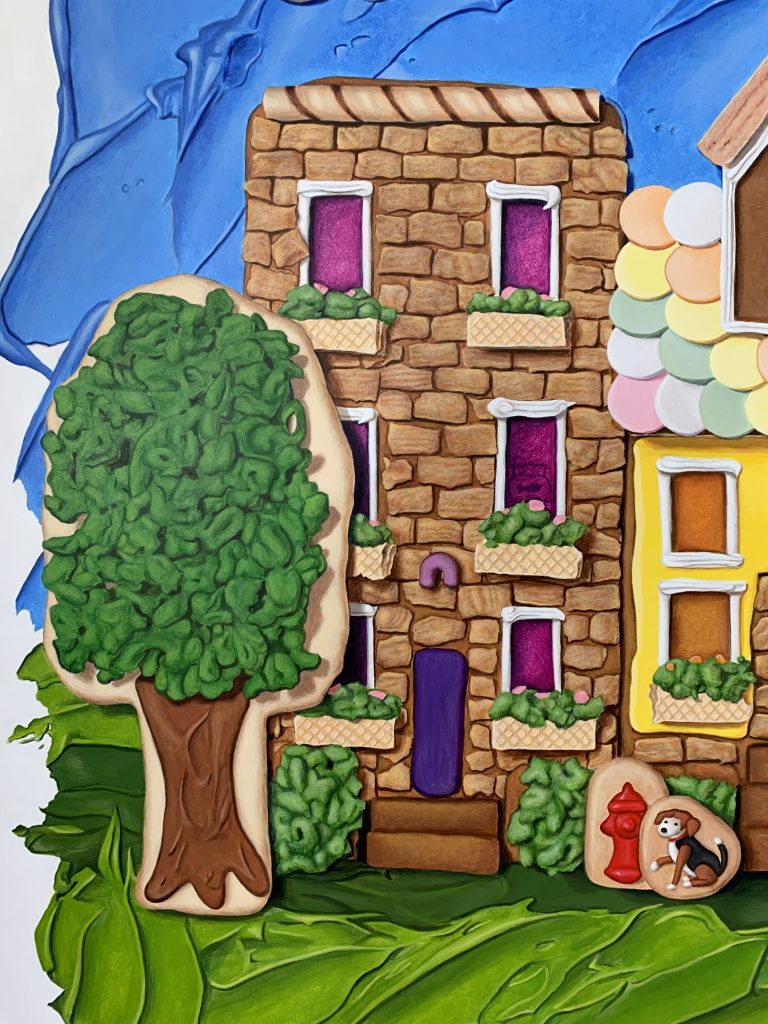 Beautiful Day in the Neighborhood, left side detail, with dog and fire hydrant. The models for the "oak trees," the shrubs and window boxes were made from dry Lucky Charms cereal mixed with green frosting, and they were incredibly difficult to paint.