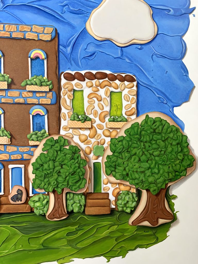 Beautiful Day in the Neighborhood, detail of right side, with the "rainbow" house and the "nut" house.