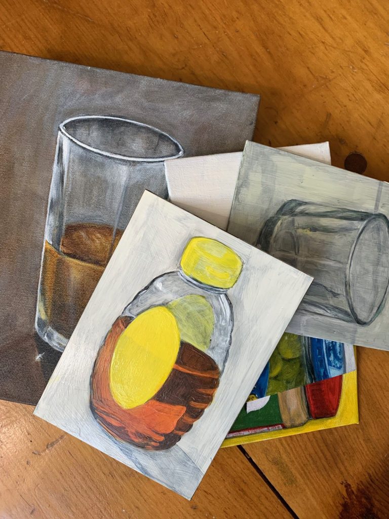 Struggling with my first acrylic stilll life pieces.